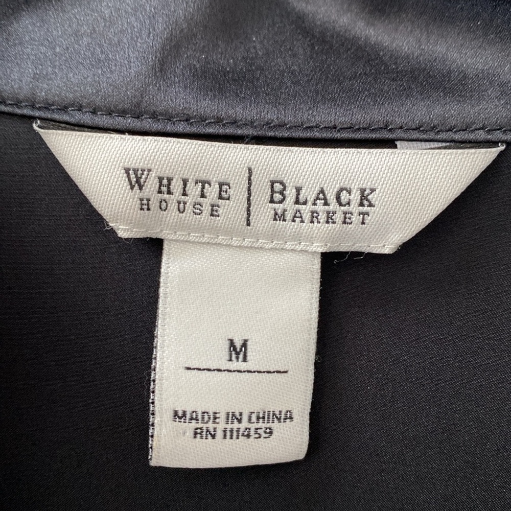 White House Black Market Black Satin Button-Front Blouse with Belt - Picture 5 of 8